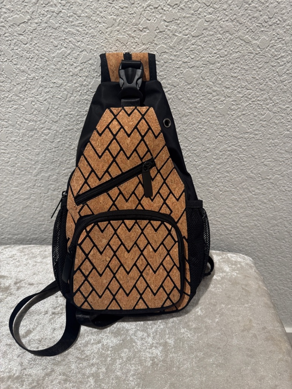 Unisex Black and Tan cork Sling Crossbody Bag - Casual Everyday Carry
